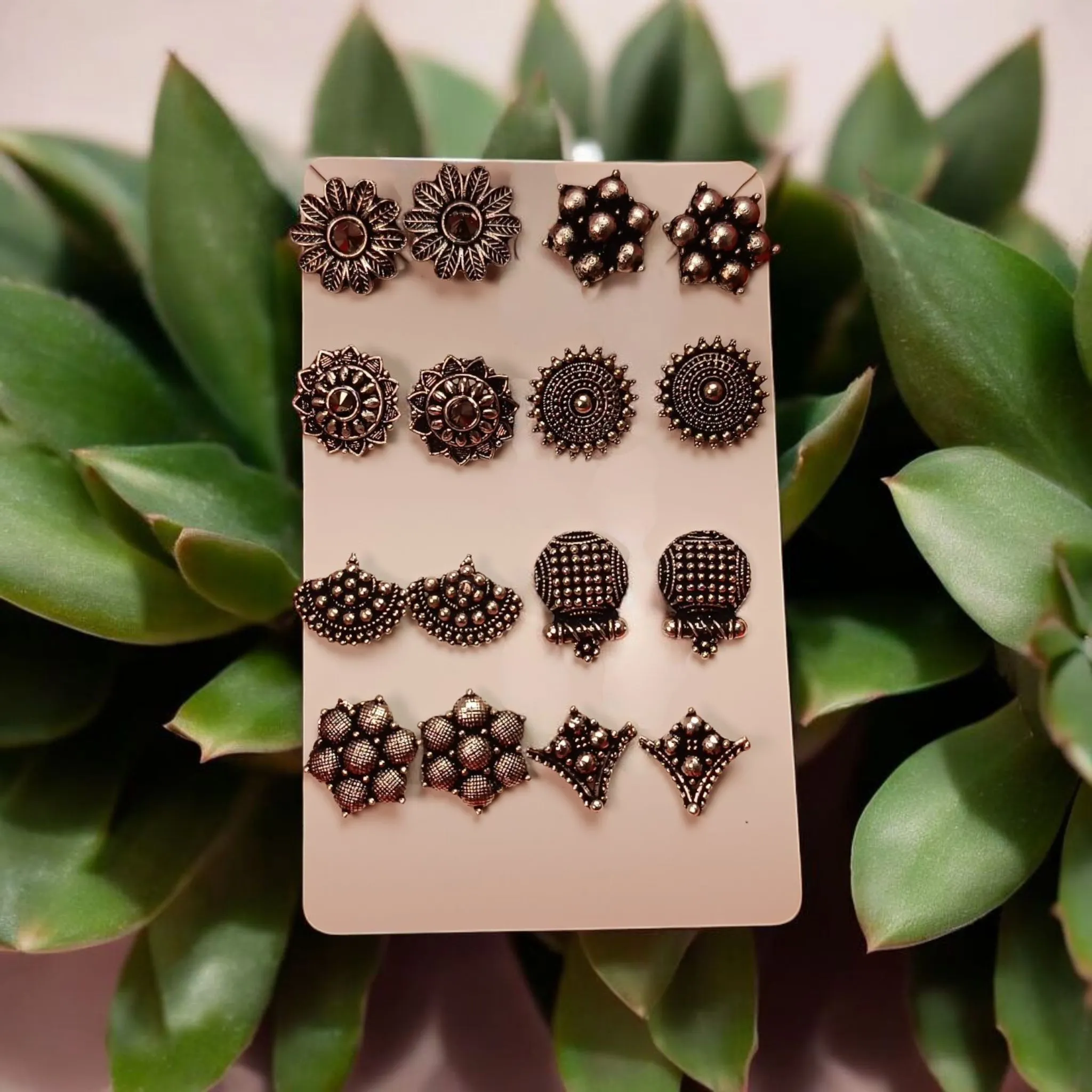 Vintage Ethnic Oxidized Silver-Tone Stud Earring Set (8 Pairs) - Hand-Crafted Floral & Geometric Designs for Women & Girls